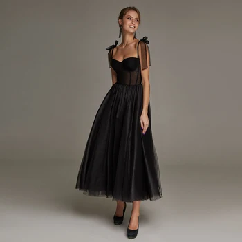 Элегантное вечернее платье длиной до черного чая на тонких бретельках с бантом, милая шея, простая свадебная вечеринка для женщины, женское платье